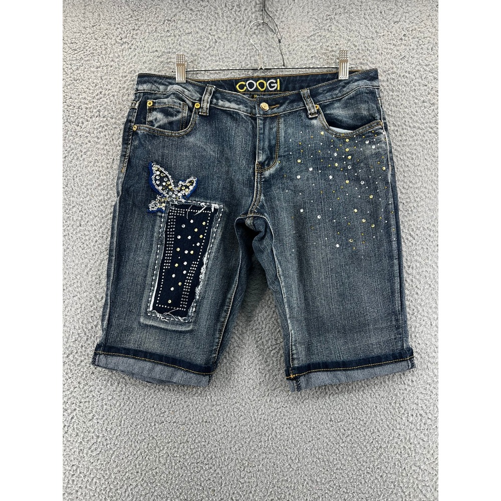 COOGI Womens Denim Shorts Dark Wash Rhinestone Butterfly Embellished Size 13/14